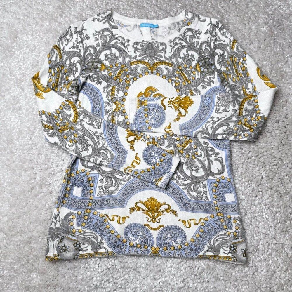 J. McLaughlin Cotton Modal Printed Crewneck Sweater Button Back Detail